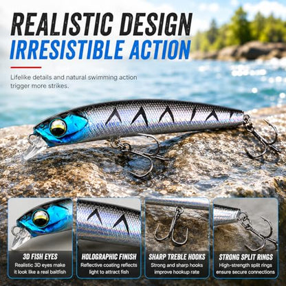 5PCS Sinking Jerkbait Fishing Lures, Long Casting Minnow Hard Baits with Realistic Swimming Action, Freshwater Fishing Lure Set for Bass, Trout, Walleye and Pike - size: 4.12"
