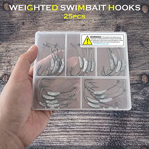 25 Pack Weighted Swimbait Hooks, Jig Heads with Twist Lock, Soft Plastic Worm Fishing Hooks 1/0 2/0 3/0 4/0 5/0 - color: E(Size 5/0, 1/4 oz, 25-pack)