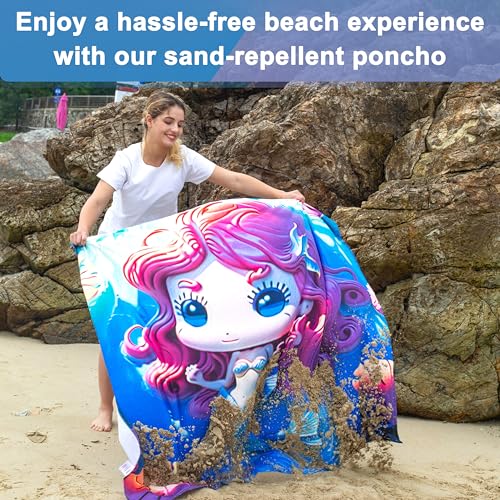 Catalonia Mermaid Hooded Towel for Adults, Quick-Dry Sand-Free Beach Poncho with Hood, Summer Gift for Girls - color: Mermaid