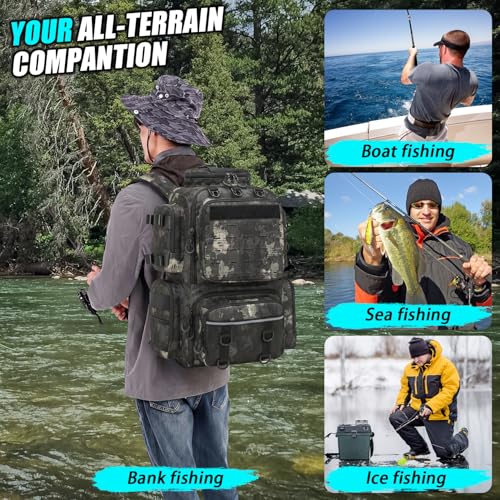 Tactical Fishing Tackle Backpack with Tackle Boxes, Rod Holders, Bottle Holder, 50 L Large Insulated Fishing Backpack Tackle Box with Cooler, Fishing Bag Store Gear & Equipment, Black CM - color: Black CM