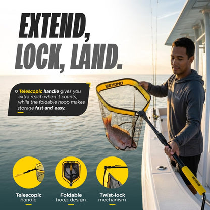 Beyond Braid Floating Fishing Net with Handle – Folding Fishing Net for Easy Storage – Telescopic Landing Net for Bass, Trout, Kayak & Boat Fishing – Durable, Lightweight & Fish Friendly