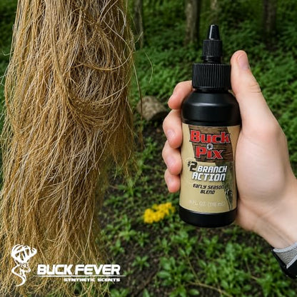 Buck Fever Buck Pix 2,3,4-Piece kit - Synthetic Deer Scent (4 oz Branch Action & 4 oz Dirt Fusion) for Whitetail & Mule - Non-Spoiling Deer Attractant for Outdoor Trail Camera - size: 4 oz (Branch Action)