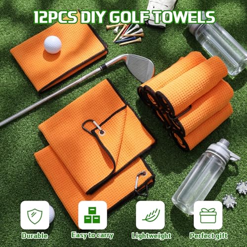 Batiyeer 12 Pcs Golf Towel Bulk for Golf Bags Microfiber Fabric Towel with Clip Waffle Pattern, Fitness, Camping, Hiking, Yoga - color: Orange