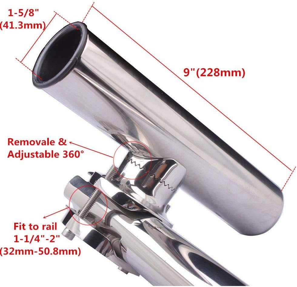 2PCS Tournament Style Fishing Rod Holders, Stainless Steel Fishing Rod Holder Clamp-on 1 1/4" to 2" Rails for Boat, Side Mount Rod Holder for Marine Yacht Boat Truck RV