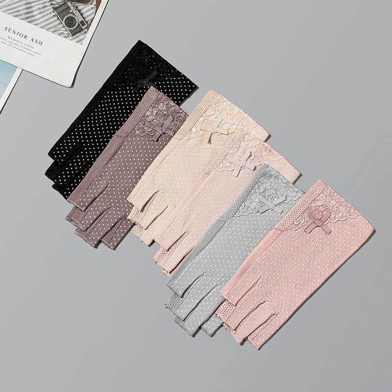 Women Pink Driving Ice-Silk Gloves Sun-UV-Protection Fingerless Gloves for Summer Hiking Cycling Running SPF Lace Glove