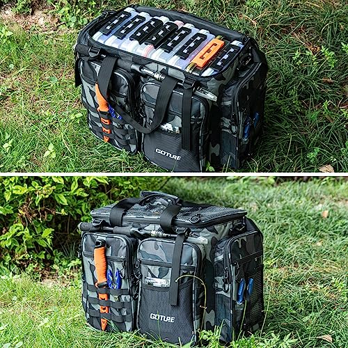Goture Large Tackle Bag,Store Up to 8PCS 3700 Plus 4PCS 3600 Tackle Trays(Not Included),Water Resistant Saltwater Gear Storage Big Fishing Bag with EVA Bottom,Gifts for Men(21.65"x11.8"x15.16")-Camo - color: A1 Camo Extra Large Without Trays