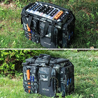 Goture Large Tackle Bag,Store Up to 8PCS 3700 Plus 4PCS 3600 Tackle Trays(Not Included),Water Resistant Saltwater Gear Storage Big Fishing Bag with EVA Bottom,Gifts for Men(21.65"x11.8"x15.16")-Camo - color: A1 Camo Extra Large Without Trays