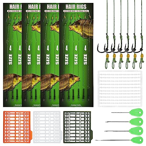 Carp Fishing Hair Rig Kits,26pcs/30pcs Sets Curved Barbed Carp Hook Swivel Boilies Bait Stops and Stringers Needle Fishing Bait Rigs Braided Thread Line Carps Fishing Accessories - color: Size 4# Kit(3 Packs) - 26pcs