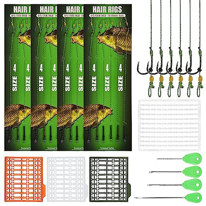 Carp Fishing Hair Rig Kits,26pcs/30pcs Sets Curved Barbed Carp Hook Swivel Boilies Bait Stops and Stringers Needle Fishing Bait Rigs Braided Thread Line Carps Fishing Accessories - color: Size 4# Kit(3 Packs) - 26pcs