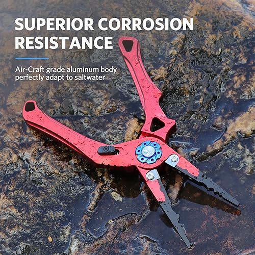 Saltwater Fishing Pliers, Split Ring Pliers for Fishing with Safety Lock, Fish Pliers with Sheath and Lanyard, Fishing Gifts for Men - color: B-red