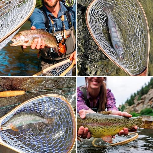 Wooden Frame Fly Fishing Net with Soft Rubber Mesh,Low-Weight Landing Net for Trout & Bass,Catch-and-Release Design for Stream and River Fly Fishing