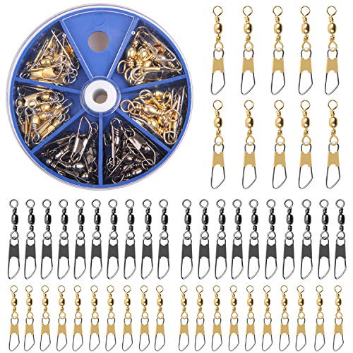 AGOOL Barrel Swivel Snap Kit - 50pcs Barrel Swivels with Safety Snaps High Strength Fishing Quick Connect Snap Swivels with Solid Ring Fishing Tackle Accessories Box Kit Size 4#,6#,8#,10#,12#,14# - color: 50pcs-black&gold