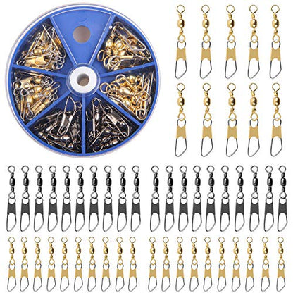 AGOOL Barrel Swivel Snap Kit - 50pcs Barrel Swivels with Safety Snaps High Strength Fishing Quick Connect Snap Swivels with Solid Ring Fishing Tackle Accessories Box Kit Size 4#,6#,8#,10#,12#,14# - color: 50pcs-black&gold