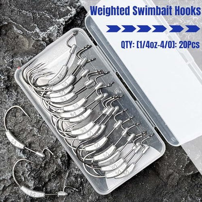 20Pcs Weighted Bass Fishing Hooks Set, Customized Swimbait Hooks Wide Gap Weedless Worm Fish Hook with Molded Bait Keeper 1/0 2/0 3/0 4/0 - size: 1/4oz-4/0