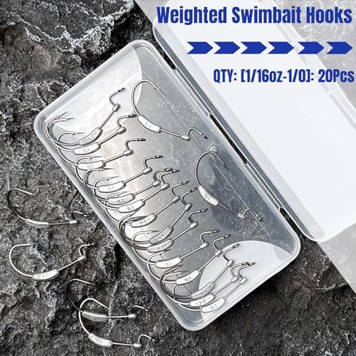 20Pcs Weighted Bass Fishing Hooks Set, Customized Swimbait Hooks Wide Gap Weedless Worm Fish Hook with Molded Bait Keeper 1/0 2/0 3/0 4/0 - size: 1/16oz-1/0