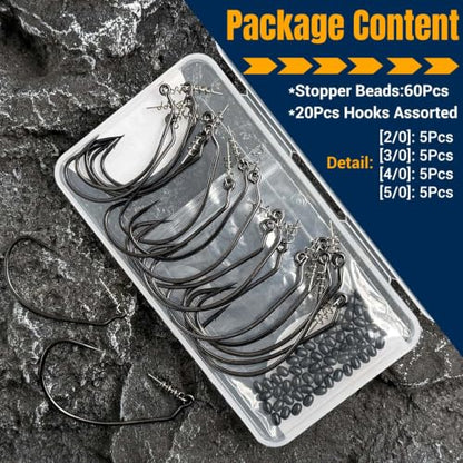 EWG Swimbait Hooks with Screw Lock, 20Pcs Bass Hooks 1/0-6/0 | Wide Gap Weedless Hooks for Bass Fishing, Bait Stopper Beads for DIY Riggings, Sharp Soft Plastic Worm Hooks - size: Selected Sizes Kit