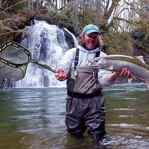 YVLEEN Floating Fishing Net - Folding Fishing Landing Net with Rubber Coating Mesh for Easy Fish Catch and Release, Fishing Net for Freshwater and Saltwater - color: D: Army Green(Telescopic Pole)