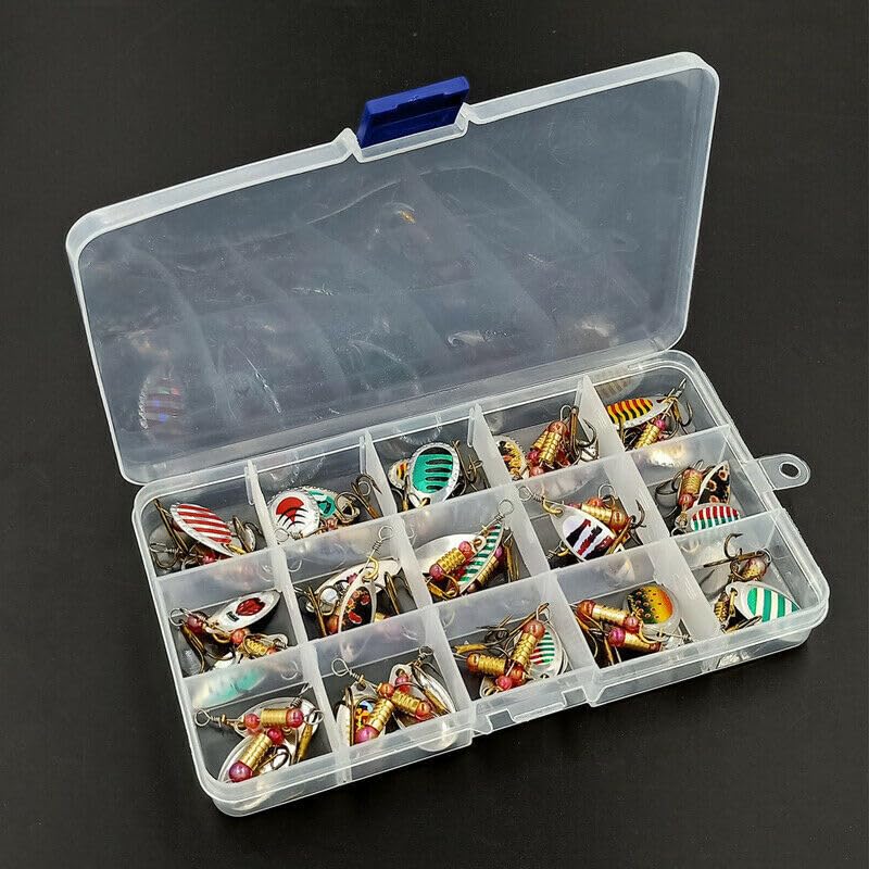 30pcs Fishing Lure Spinnerbait, Bass Trout Salmon Hard Metal Spinner Baits Kit with Tackle Boxes