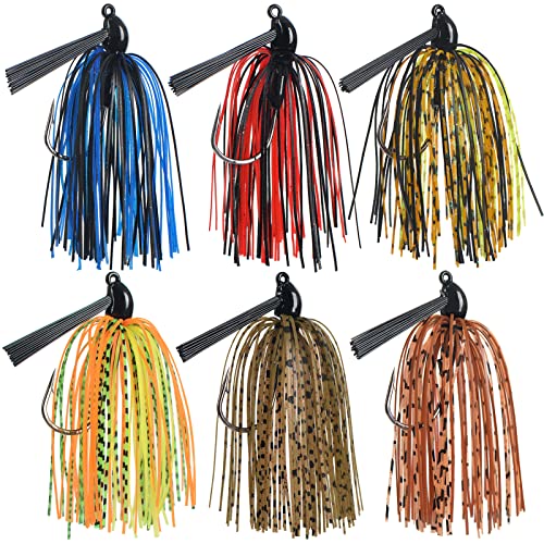 Fishing Jig with Weed Guard, 3/8 oz, Pack of 6 | Silicone Skirt, Multi-Color Fishing Lures for Bass, Walleye, Perch
