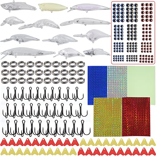 Unpainted Fishing Lures Making Kit DIY Blank Lures Crankbaits Minnow Jerkbait Hard Bait Set with Treble Hooks, Split Rings, Lure Eyes, Stickers, Make Your Own Fishing Lures - color: 300pcs Lures Kit