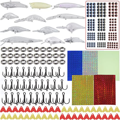 Unpainted Fishing Lures Making Kit DIY Blank Lures Crankbaits Minnow Jerkbait Hard Bait Set with Treble Hooks, Split Rings, Lure Eyes, Stickers, Make Your Own Fishing Lures - color: 300pcs Lures Kit