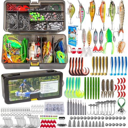 THKFISH Fishing Lures Kit, Bass Fishing Gear Kit for Freshwater Tackle Box with Tackle Included Topwater Baits, Swimbaits, Frog, Fsihing Bait Accessories Gift for Men - color: 299pcs Tackle Box Kit