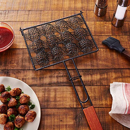 Outset Rosewood Handle Grill Basket, Non-Stick Meatball Basket - style: Meatball Basket