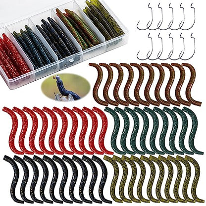 Goture Wacky Worm Fishing Lure Kit with Soft Plastics, Wacky Rig Tools, O-Rings, Worm & Drop Shot Hooks, Beads, Weights & Tackle Box - color: C-50pcs 3" Wacky Worms &10pcs Hooks with Box