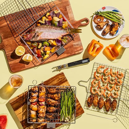 SHIZZO Grill Basket Gift Set - Removable Wooden Handle - Non-Stick Stainless Steel, BBQ Grilling Rack for Fish, Shrimp, Vegetables - Camping & Outdoor Smoker Accessories, Gifts for Dad, Husband