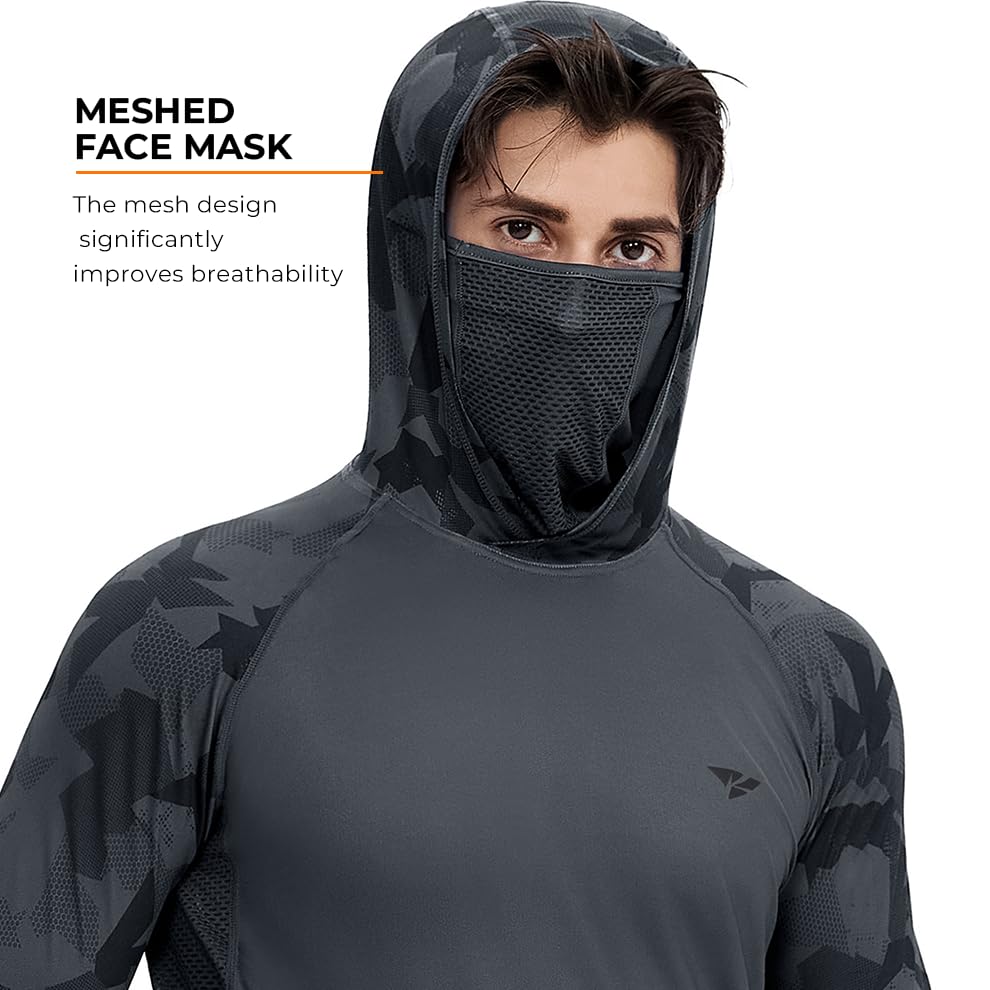 Rodeel UPF 50+ Men’s Long Sleeve Performance Fishing Hiking Shirt with Mask UV Neck Gaiter Hoodie - color: A2.3pack:black,gray,blue, size: X-Large