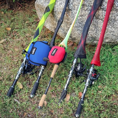 RUNCL Fishing Rod Sleeves & Reel Bags, Spinning/Casting Rod Socks & Spinning/Baitcasting Reel Covers - Protection Solution, Space Saver, Perfect Storage - Fishing Pole Sleeves & Reel Pouch (2 Pack) - color: Casting Rod Sleeves*2pcs+Reel Bags*2pcs,(Black)