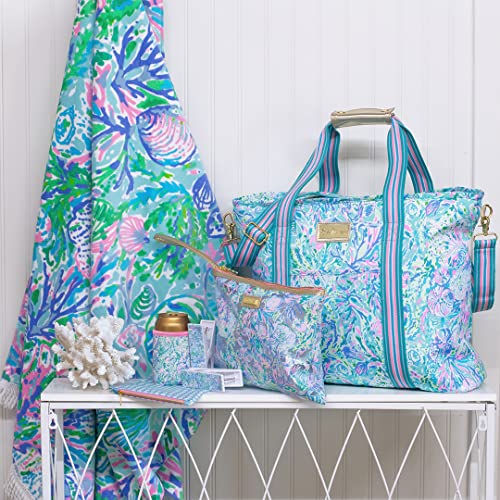 Lilly Pulitzer Water Resistant Vinyl Beach Day Pouch, Zipper Bag Includes Drink Hugger, Small Pouch, and Towel Clips - color: Soleil It On Me