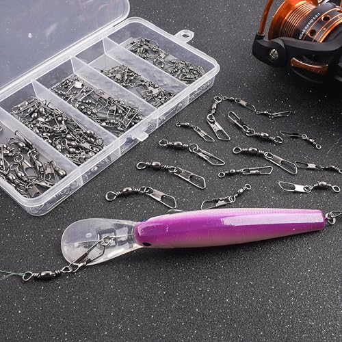 150pcs Fishing Swivels Snaps Kit, Barrel Swivels Fishing Tackle with Stainless Steel Safety Snaps, High Strength Fish Leader Line Connect for Saltwater Freshwater