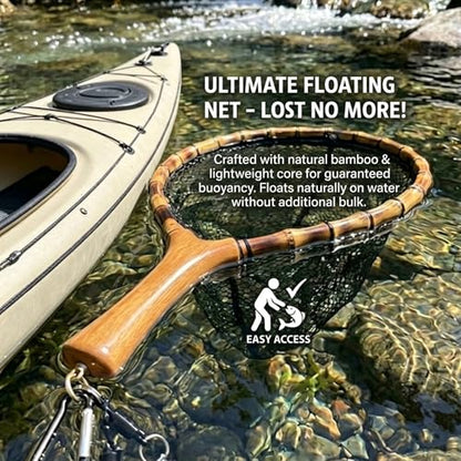 Floating Handcrafted Bamboo Fly Fishing Landing Net, Solid Wood Handle, Soft Rubber Coated Mesh for Trout, Kayak & Stream Fishing, Includes Magnetic Release & Safety Lanyard - size: Large, style: Straight Handlebar