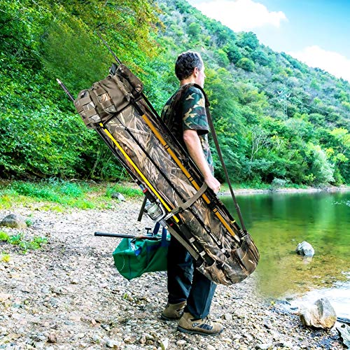 Allnice Durable Canvas Fishing Rod & Reel Organizer Bag Travel Carry Case Bag- Holds 5 Poles & Tackle - color: Camo