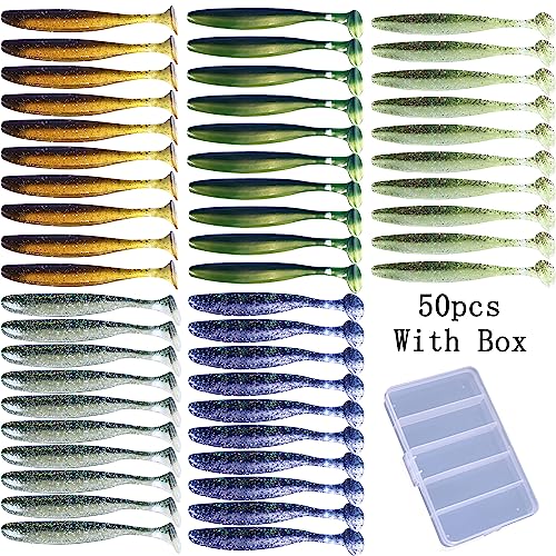 Paddle Tail Swimbaits,Soft Plastic Fishing Lures Swim Baits for Bass Fishing,30/50pcs with Box,Soft Plastic Swimbaits for Bass Trout Crappie Lures Kit for Saltwater Freshwater - color: A:1.97in/0.042oz-50pcs