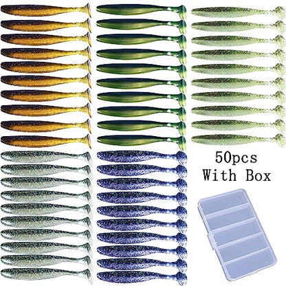 Paddle Tail Swimbaits,Soft Plastic Fishing Lures Swim Baits for Bass Fishing,30/50pcs with Box,Soft Plastic Swimbaits for Bass Trout Crappie Lures Kit for Saltwater Freshwater - color: B:2.75in/0.077oz-50pcs