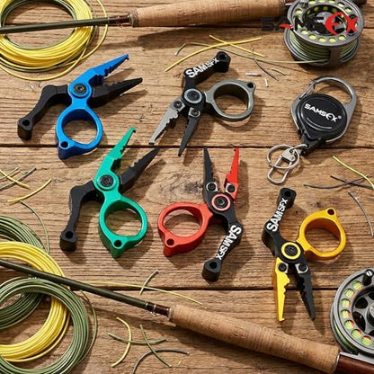 SAMSFX Mini Fishing Pliers with Fly Fishing Zinger Retractor, Fish Hook Remover Tool, Split Ring Pliers for Saltwater & Freshwater, Tungsten Carbide Cutters, Fishing Gear Gift for Anglers - color: Green