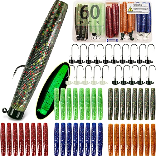 Ned Rig Jig Heads TRD Stick Worms Kit, 60, 35 Pack Ned Rig Lures Mushroom Jigs Finesse Soft Plastic Baits for Bass Fishing Freshwater Saltwater - color: 60 Pcs Ned Rig Lures