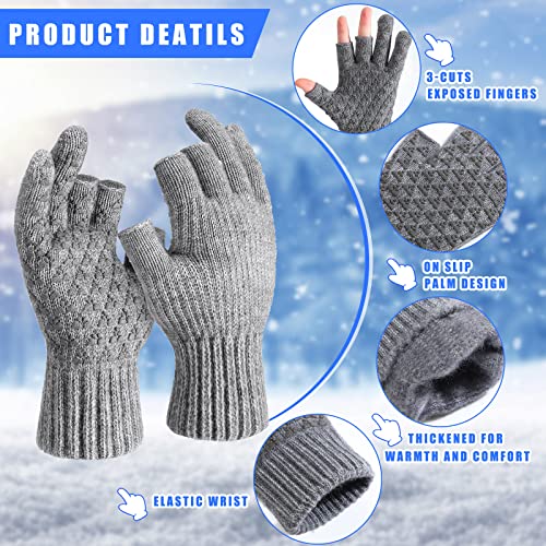 Giegxin 4 Pairs 3 Cut Fingers Fishing Gloves for Men and Women - Warm Fingerless Fly Fishing Wool Non-Slip Hunting Photography Windproof Work Kayak Gloves, Black Gray - size: Large