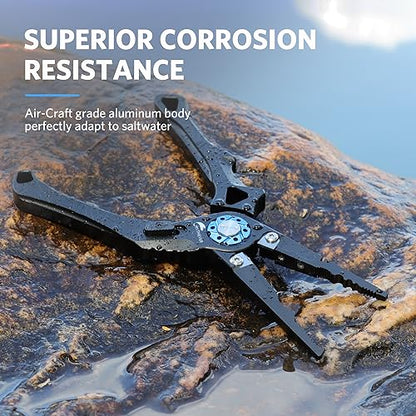 Saltwater Fishing Pliers, Split Ring Pliers for Fishing with Safety Lock, Fish Pliers with Sheath and Lanyard, Fishing Gifts for Men - color: C-black