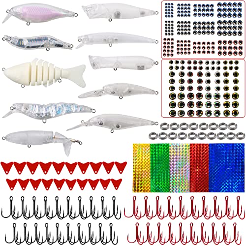 Unpainted Fishing Lures Making Kit DIY Blank Lures Crankbaits Minnow Jerkbait Hard Bait Set with Treble Hooks, Split Rings, Lure Eyes, Stickers, Make Your Own Fishing Lures - color: 380pcs Lures Kit