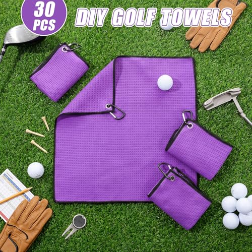 Batiyeer 30 Pcs Golf Towels Bulk for Bags 16'' x 16'' Microfiber Fabric Golf Towel with Clip Waffle Pattern for Men Mini Tournament Fitness Yoga Camping (Purple) - color: Purple