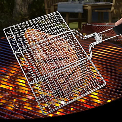 Fish Basket for Grilling- BBQ Basket Stainless Steel Barbecue Basket with Foldable Handle, Portable Outdoor/Camping Grilling Accessories, Grill Vegetable Basket for All Grills（13.2 X 8.6 Inches） - style: Fish Basket