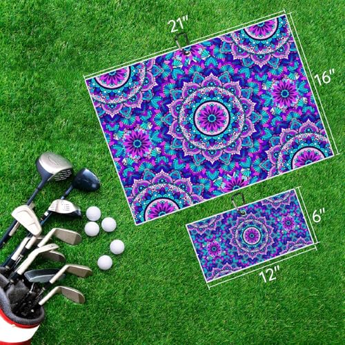 Blue Mandala Boho Golf Towel for Golf Bags Carts Mandalas Flowers Golf Towels with Clip Bohemia Waffle Towels Cleaning Cloth 2 Packs for Men Golfer Accessories, Birthday Father's Day Present - color: Blue Purple