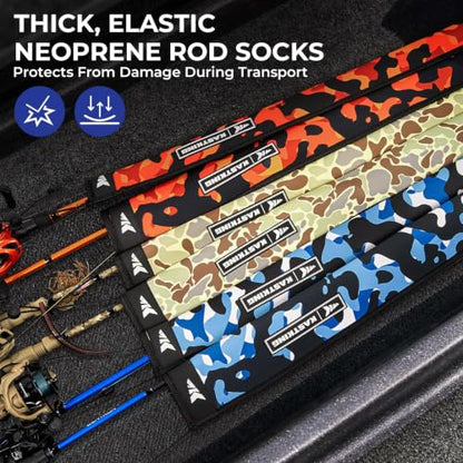 KastKing MeshGuard Camo Neoprene Fishing Rod Socks, Fishing Rod Sleeve, Floating Rod Sleeves, Adjustable Lanyard & Built-in Hanging Loop, Fits Casting, Spinning, and Fly Rods - color: Khaki Camo 4 Pcs, style: Casting/Trolling