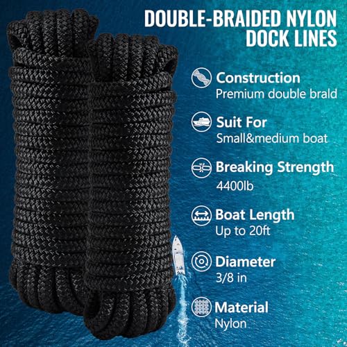 2 Pack 3/8" x 20' Boat Dock Lines for Boat & Pontoon, Premium Marine- Grade Double Braided Nylon Boat Lines, Pre-Spliced with a 12" Eyelet-Black,High Strength,Easy Handling,Boating Gifts for Men. - size: 3/8" x 20' (Pack of 2)