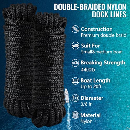 2 Pack 3/8" x 20' Boat Dock Lines for Boat & Pontoon, Premium Marine- Grade Double Braided Nylon Boat Lines, Pre-Spliced with a 12" Eyelet-Black,High Strength,Easy Handling,Boating Gifts for Men. - size: 3/8" x 20' (Pack of 2)