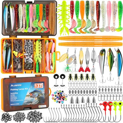 PLUSINNO Fishing Lures, 137Pcs Tackle Box with Tackle Included, Crankbaits, Spoon, Hooks, Weights & Other Accessories, Fishing Bait Lure Gear Kit Gift for Men Bass Freshwater - color: ORANGE