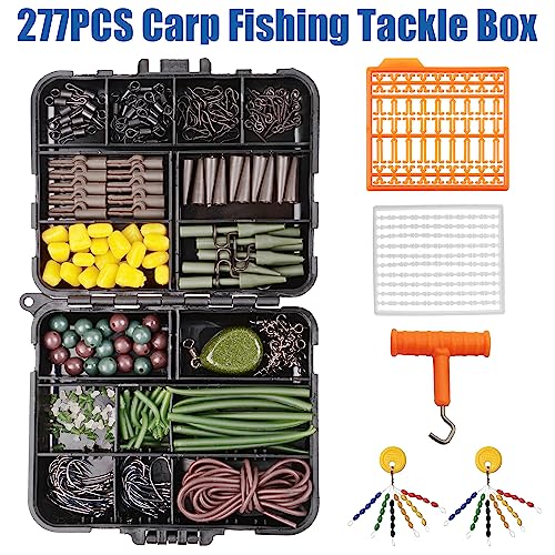 Carp Fishing Equipment Kit, 277pcs Carp Fishing Tackle Box with Carp Hooks Boilies Corn Baits Weights Rigs Swivels Snaps Various Gear Accessories Set for Men Gift